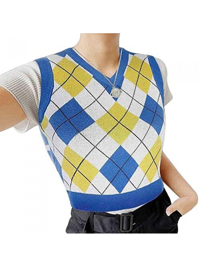 Argyle V Neck Sweater Vest Women - Plaid Pattern & Sleeveless Knit - Crop Top Y2K Streetwear Preppy for Girl 