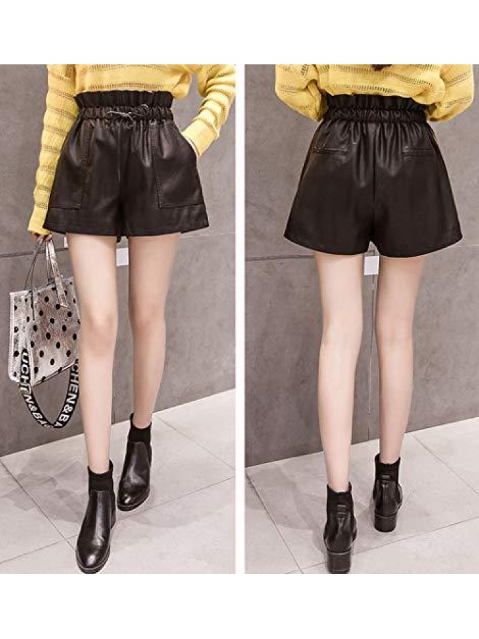 High Waisted Wide Leg Black Faux Leather Shorts for Women 