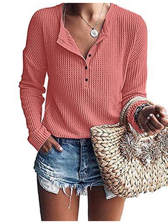 Women's Waffle Knit Tunic Tops Loose Long Sleeve Button Up V Neck Henley Shirts 