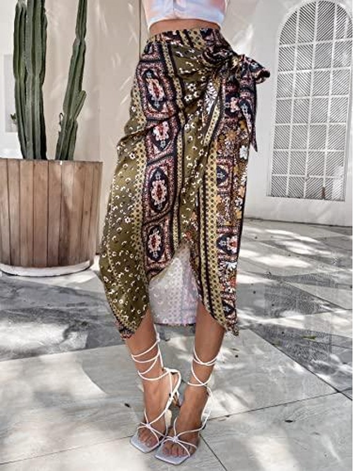 Women's Boho Floral Print Wrap Tie Side Asymmetrical Hem Midi Skirt 