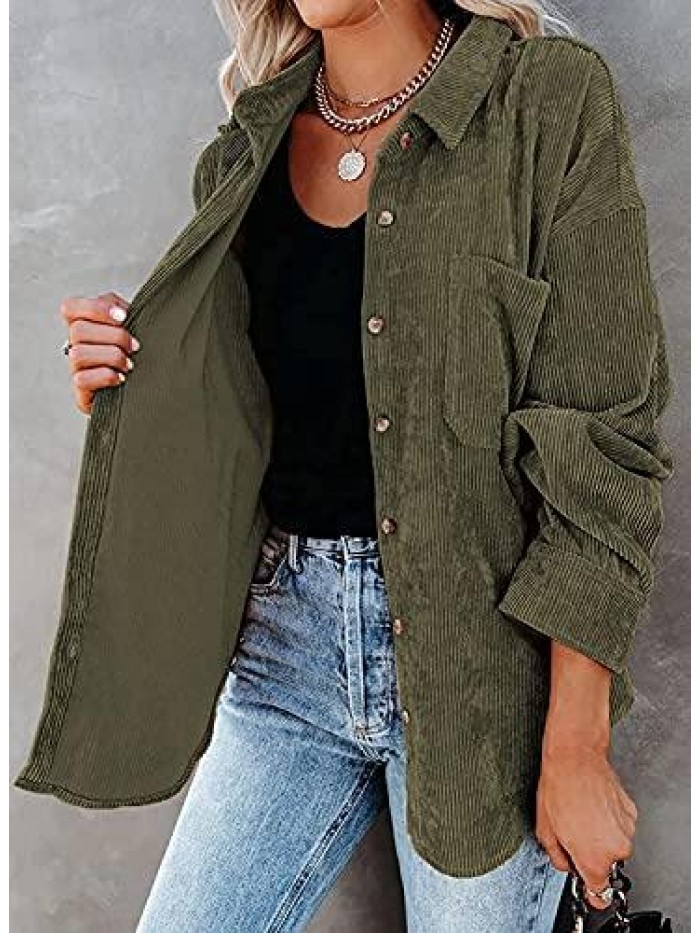 Corduroy Button Down Pocket Shirts Casual Long Sleeve Oversized Blouses Tops 