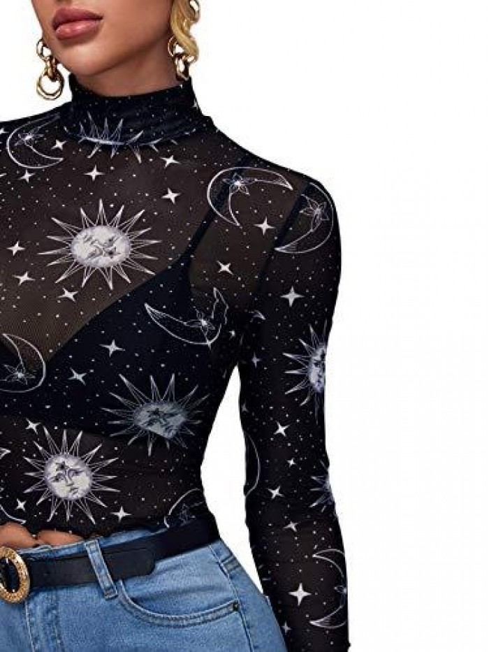 Women's Long Sleeve Mock Neck Angel Print Sexy Sheer Mesh Crop Top 