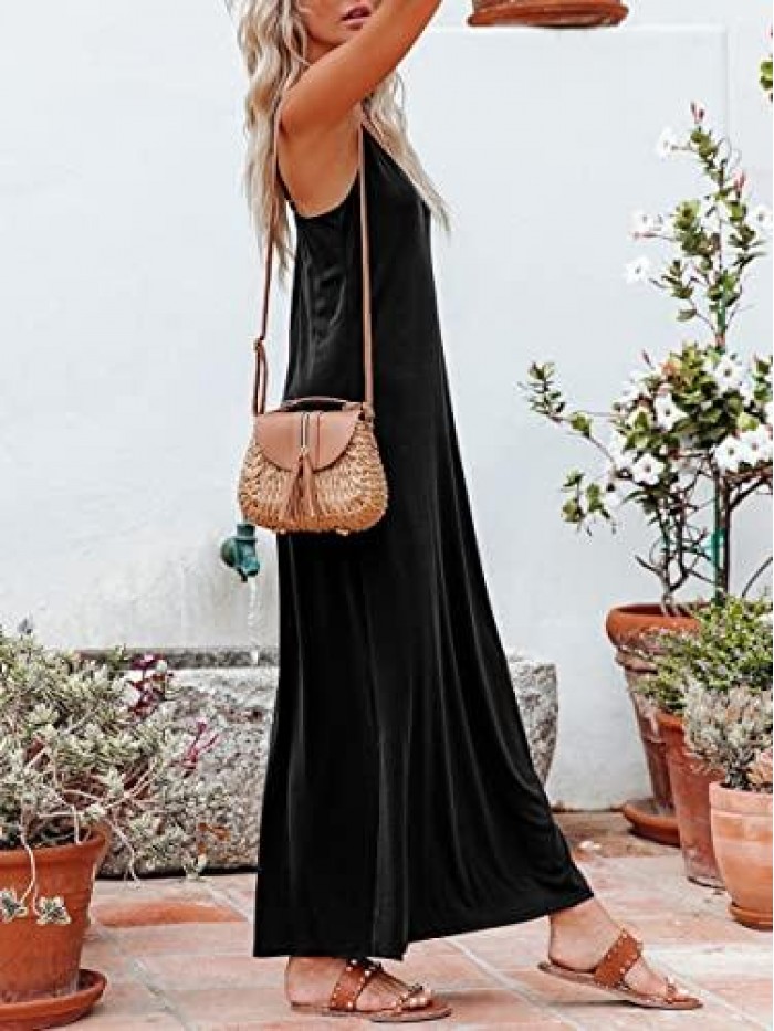 Women's Casual Sleeveless Deep V Neck Summer Beach Long Cami Maxi Dress Adjustable Spaghetti Strap 