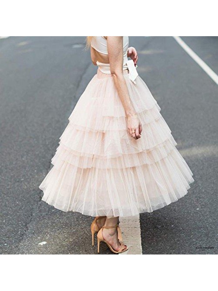 Women's Nude Pink/Black Tiered Layered Mesh Ballet Prom Party Tulle Tutu A-line Midi Skirt 