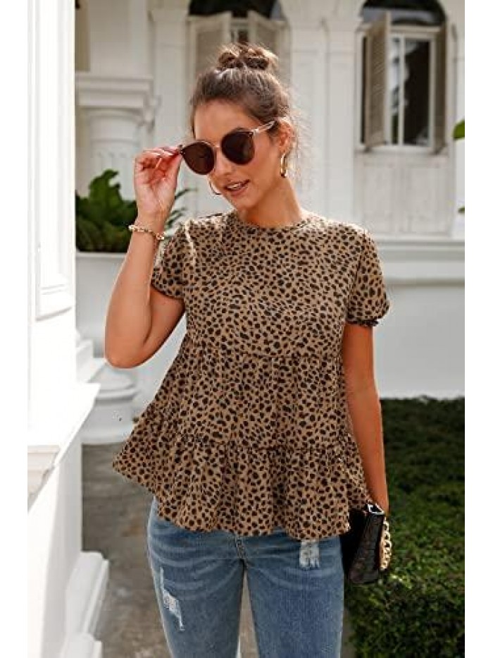 Women's Leopard Blouse Short Puff Sleeve Crewneck Babydoll Shirts Peplum Tunic Tops 