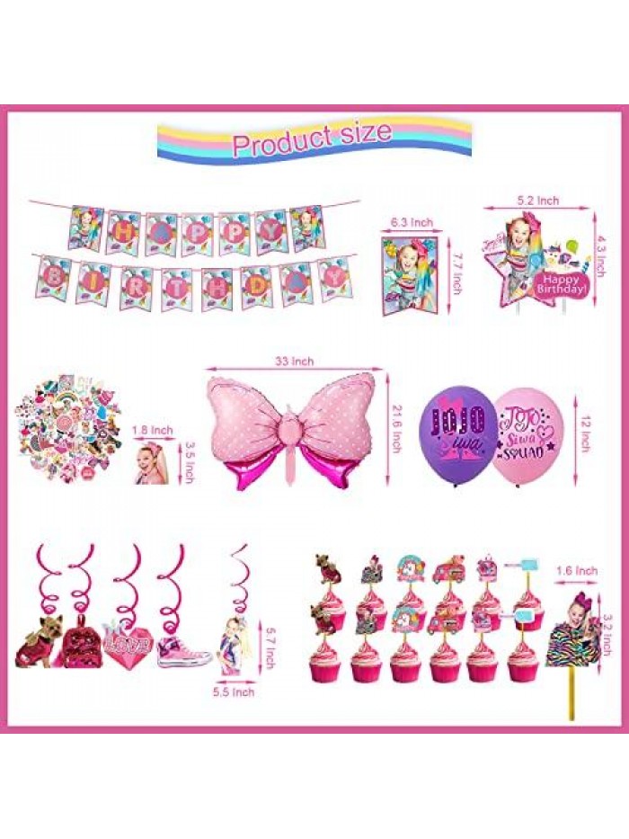 PCS JoJo Siwa Birthday Party Supplies Included Birthday Banner, Hanging Swirls, Cake topper, Cupcake toppers, Balloons, Foil Balloon,Stickers Birthday Party Decorations for Girls 