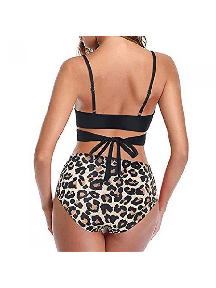 Women's High Waist Bikini Set, Sexy Halter Push Up Bikini Two Piece Bathing Suits V Neck Wrap Tie Back Swimsuit 