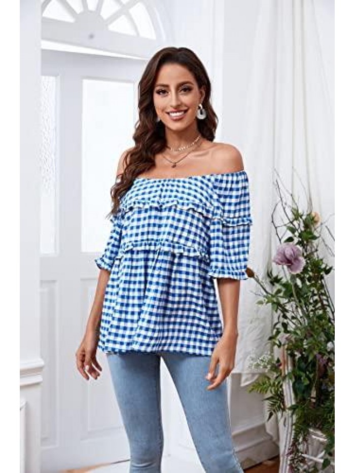 NINOS Womens Tops Crew Neck/Off The Shoulder 2 in 1 Loose Casual Blouse Short Sleeve Plaid Ruffles T-Shirt 