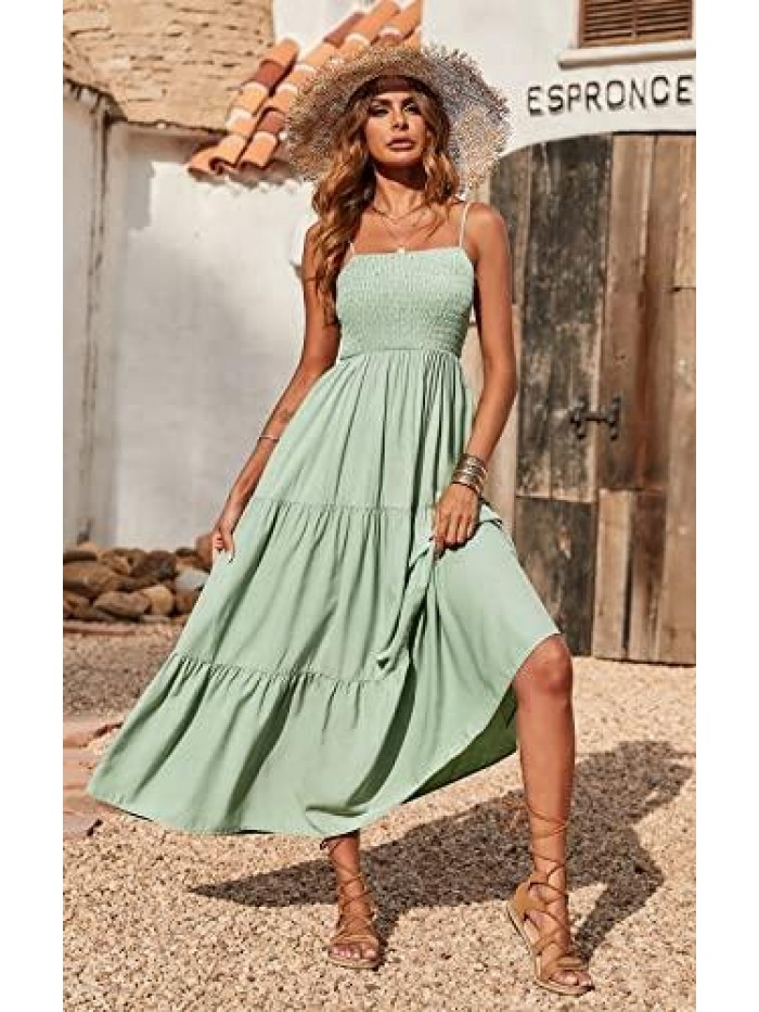 Women's Summer Maxi Dress Casual Boho Sleeveless Spaghetti Strap Smocked Tiered Long Beach Sun Dresses 