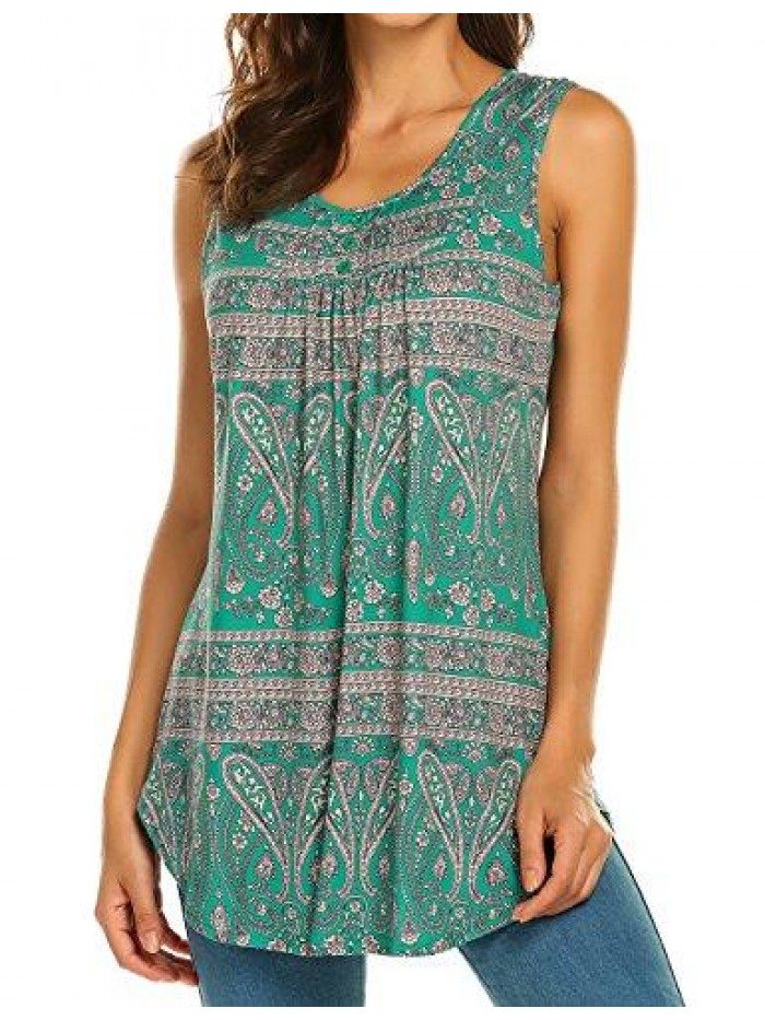 Women's Paisley Printed Pleated Sleeveless Blouse Shirt Casual Flare Tunic Tank Top 