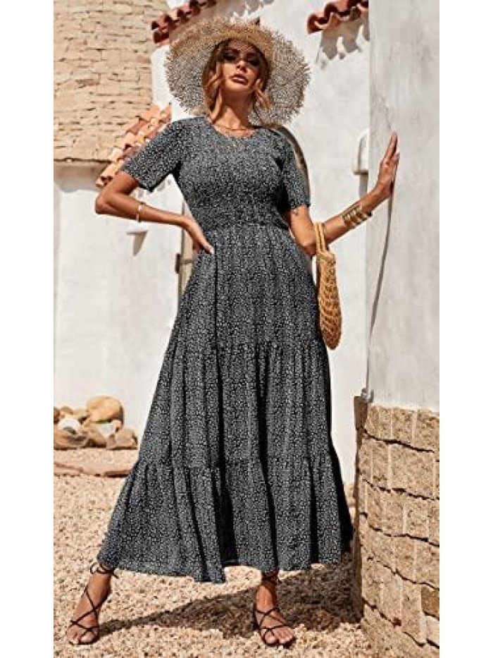 Women Casual Short Sleeve Crew Neck Summer Dress Bohemian Floral Printed Flowy Maxi Dresses Tiered Cocktail Dress 