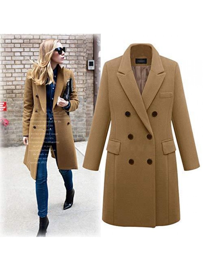 Women's Notched Lapel Wool Coat Double Breasted Long Trench Jacket Winter Pea Coat with Cashmere Scarf 