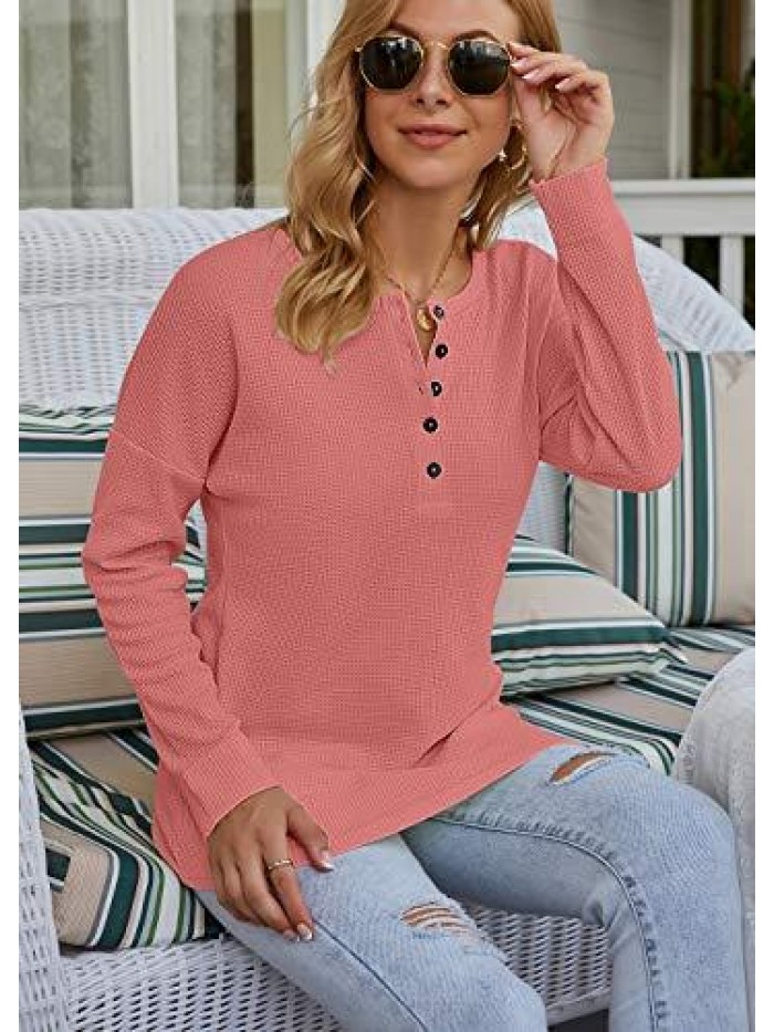 Women's Waffle Knit Tunic Tops Loose Long Sleeve Button Up V Neck Henley Shirts 