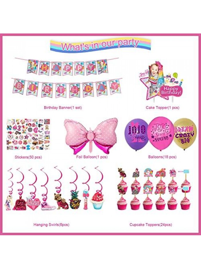 PCS JoJo Siwa Birthday Party Supplies Included Birthday Banner, Hanging Swirls, Cake topper, Cupcake toppers, Balloons, Foil Balloon,Stickers Birthday Party Decorations for Girls 