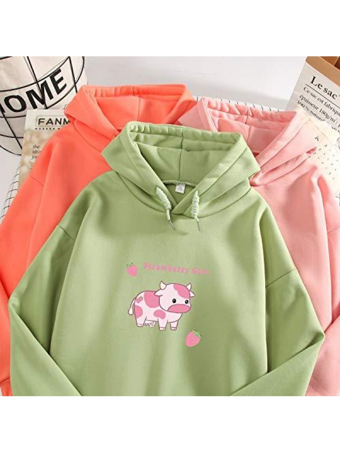 Sweatshirts for Women Cute Strawberry Cow Print Hoodie Casual Fuzzy Top 