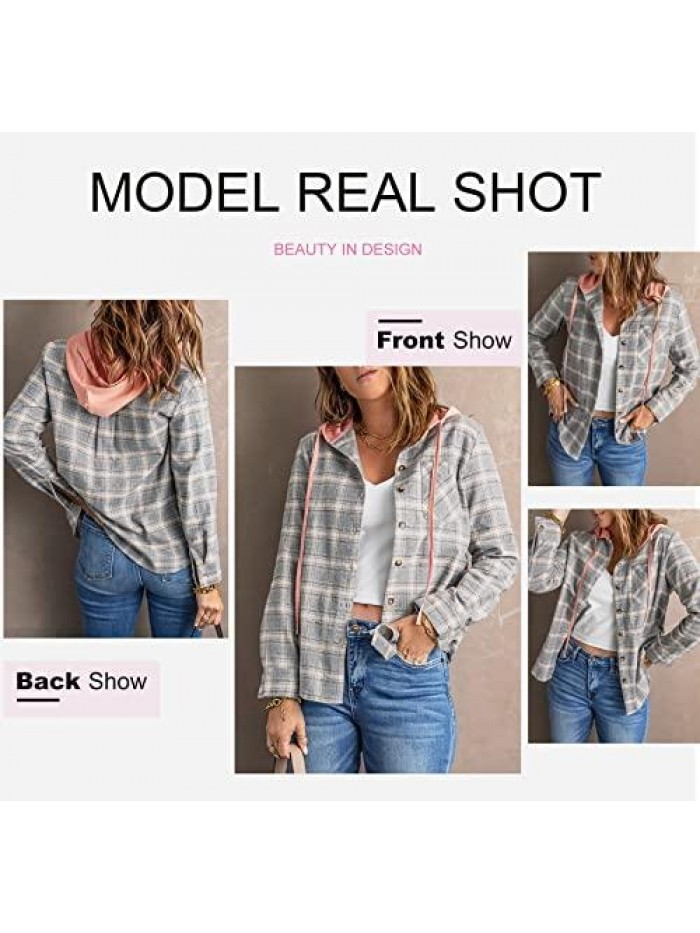 Womens Casual Plaid Shacket Jacket Hoodies Long Sleeve Button Down Blouse Shirts Tops 