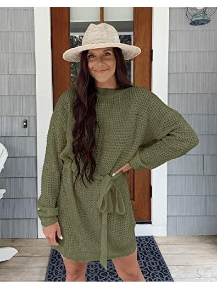 Women's Casual Long Sleeve Waffle Knit Tie Waist Loose Pullover Tunic Sweater Dress 