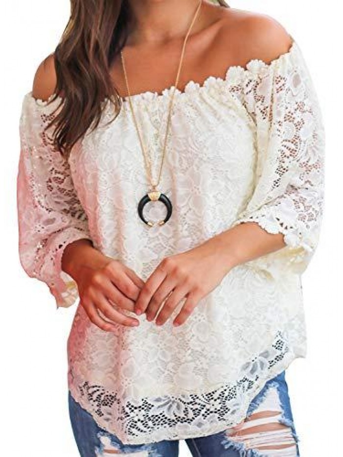 Women's Lace Off Shoulder Tops Casual Loose Blouse Shirts 