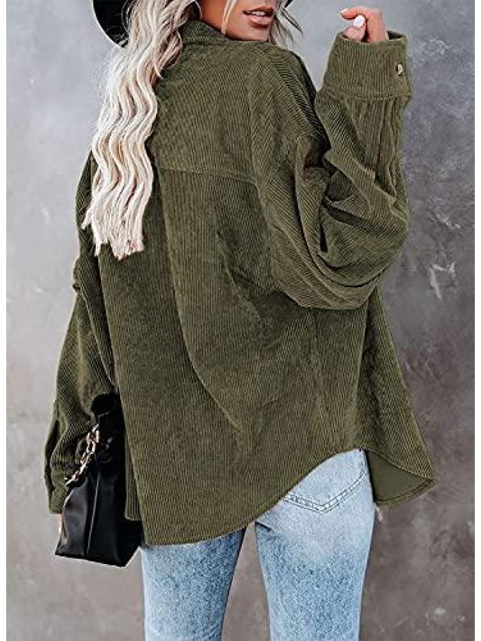 Corduroy Button Down Pocket Shirts Casual Long Sleeve Oversized Blouses Tops 