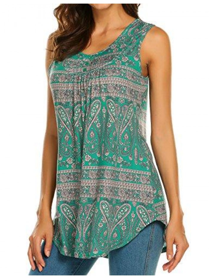 Women's Paisley Printed Pleated Sleeveless Blouse Shirt Casual Flare Tunic Tank Top 