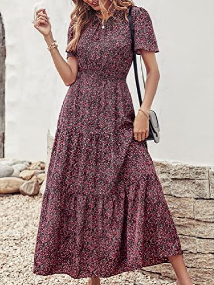 Women Short Sleeve Crew Neck Smocked Elastic Waist Tiered Maxi Dress Summer Boho Floral Flares Sun Dresses 