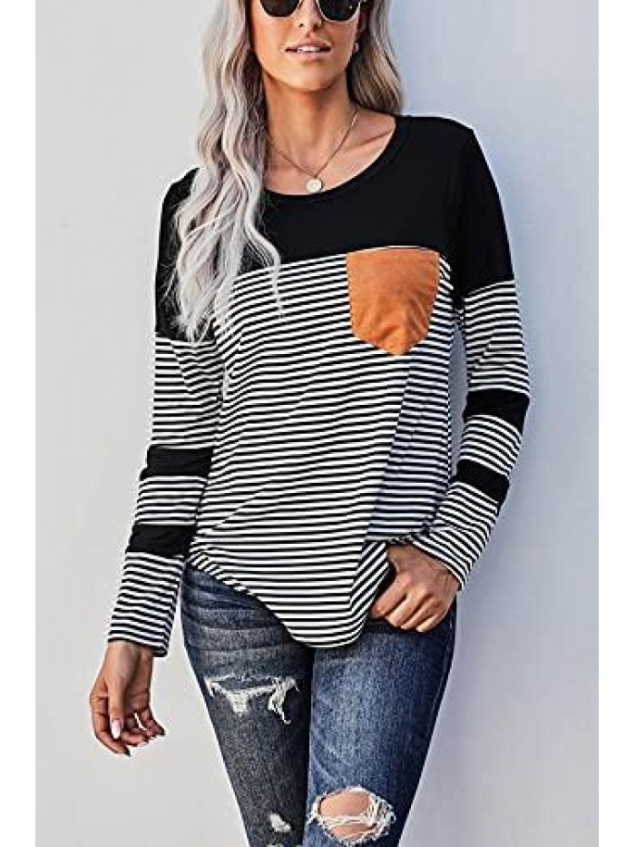 Women's Color Block Tunic Tops Striped Long Sleeve Tshirt Crewneck Shirts Pullover Tops 