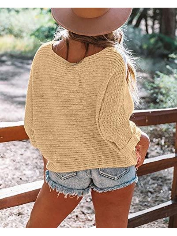 Women's Off Shoulder Sweaters Batwing 3/4 Sleeves Casual Solid Loose Pullovers Knit Jumper Tops 