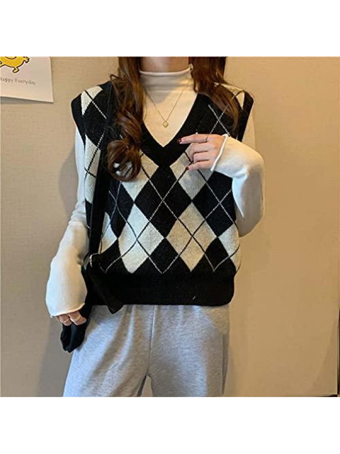 Sleeveless V-Neck Argyle Plaid Knitted Sweater Vest 90s E-Girl Casual Loose Preppy Style Pullover Knitwear Top 