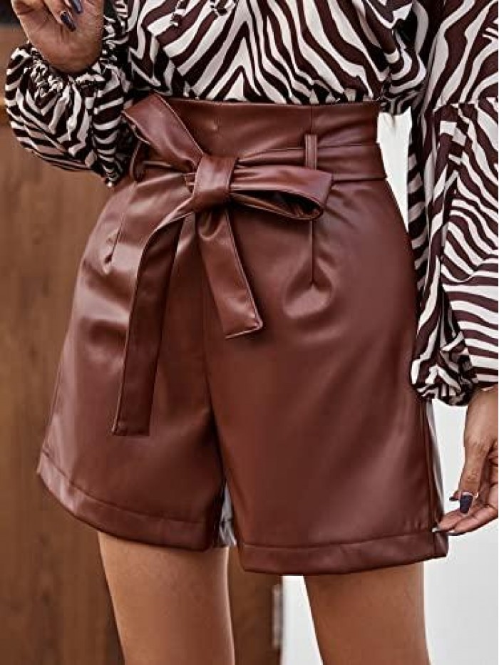 Women's Casual High Waist Wide Leg Shorts Belted Faux Leather Shorts 