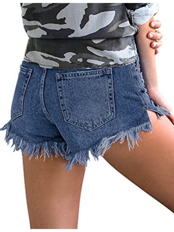 Women's Mid Rise Frayed Raw Hem Ripped Destroyed Denim Shorts Jeans 