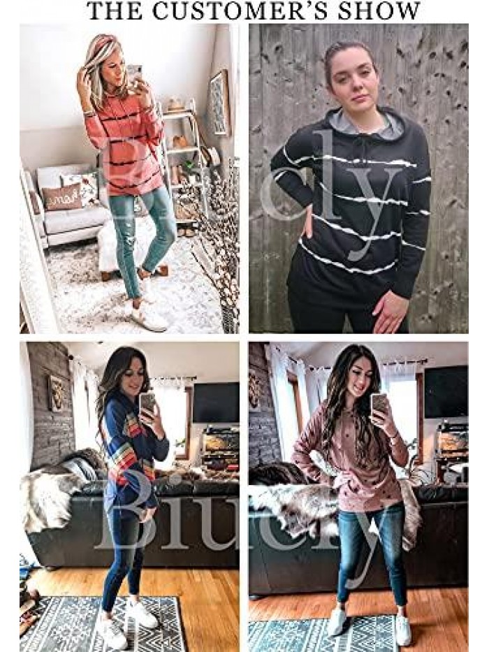 Womens Casual Hoodie Striped Printed Sweatshirts Long Sleeve Drawstring Pullover Tops Shirts 