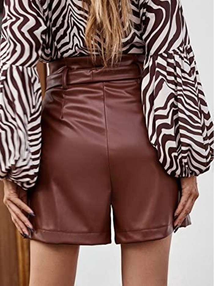 Women's Casual High Waist Wide Leg Shorts Belted Faux Leather Shorts 