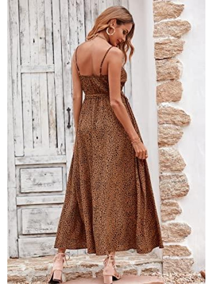 Women's Summer Spaghetti Straps V Neck Leopard Long Dress Button Down Sleeveless Split Flowy Maxi Dress with Belt 