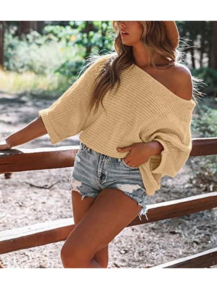 Women's Off Shoulder Sweaters Batwing 3/4 Sleeves Casual Solid Loose Pullovers Knit Jumper Tops 