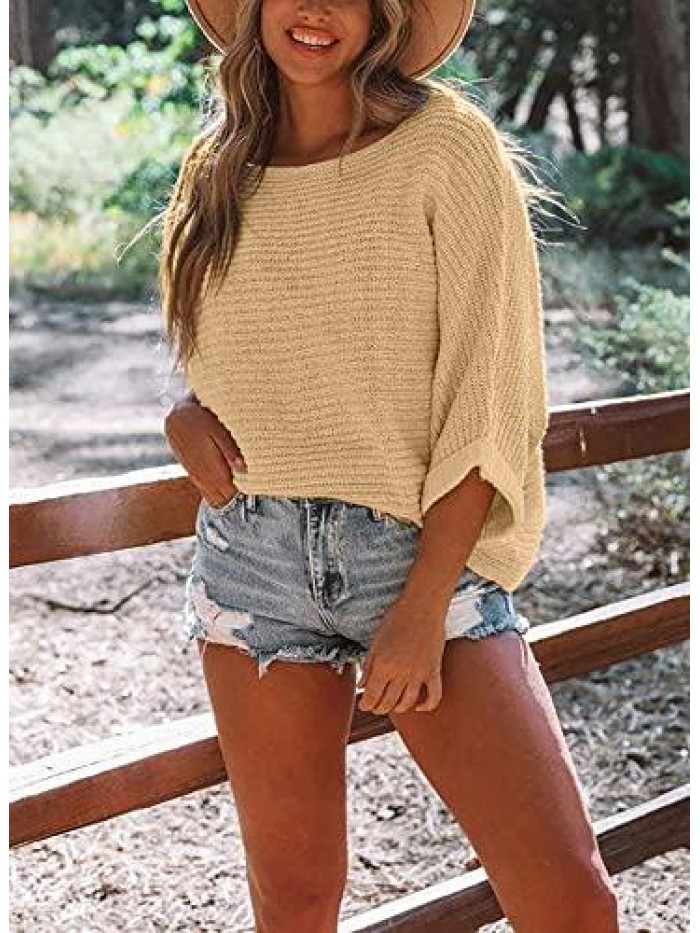 Women's Off Shoulder Sweaters Batwing 3/4 Sleeves Casual Solid Loose Pullovers Knit Jumper Tops 