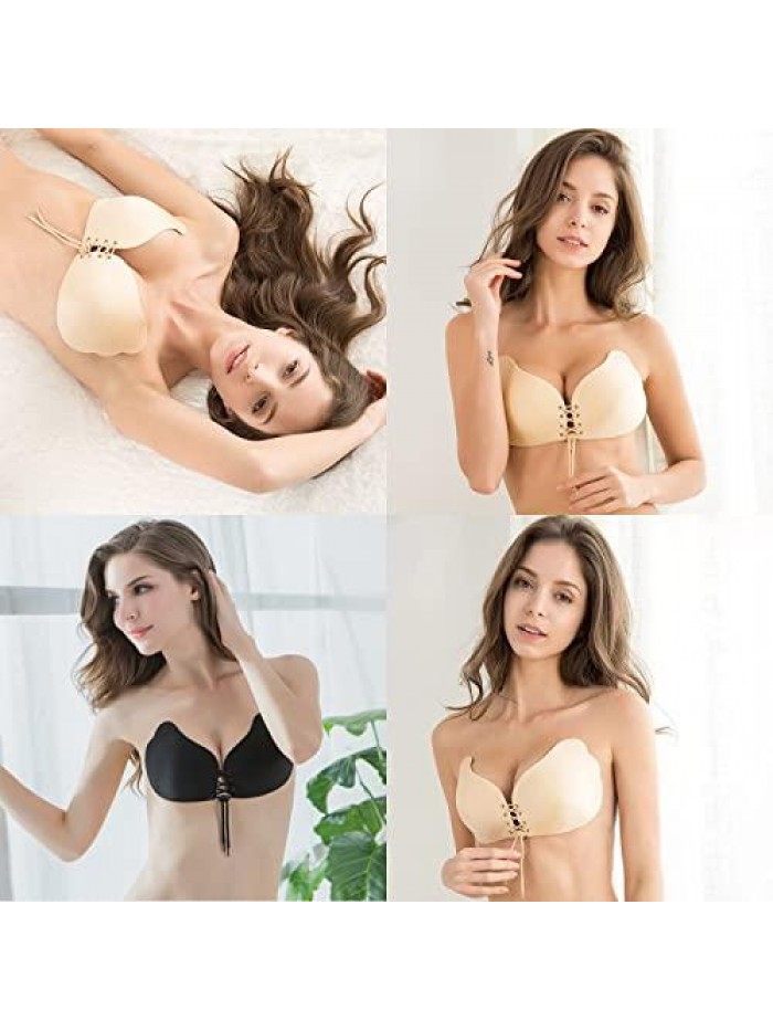 Bra 2 Pack Backless Strapless Bra Invisible Sticky Bra for Big and Small Breasts Angel Wings,Shaping Charming Curves 