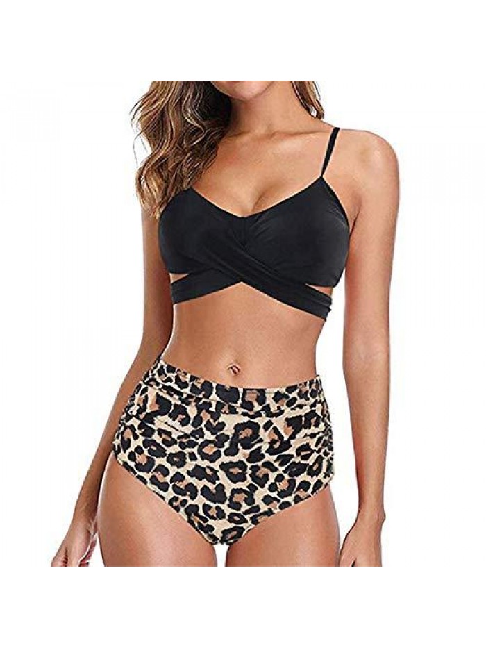 Women's High Waist Bikini Set, Sexy Halter Push Up Bikini Two Piece Bathing Suits V Neck Wrap Tie Back Swimsuit 