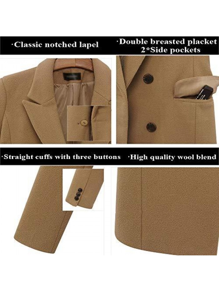 Women's Notched Lapel Wool Coat Double Breasted Long Trench Jacket Winter Pea Coat with Cashmere Scarf 