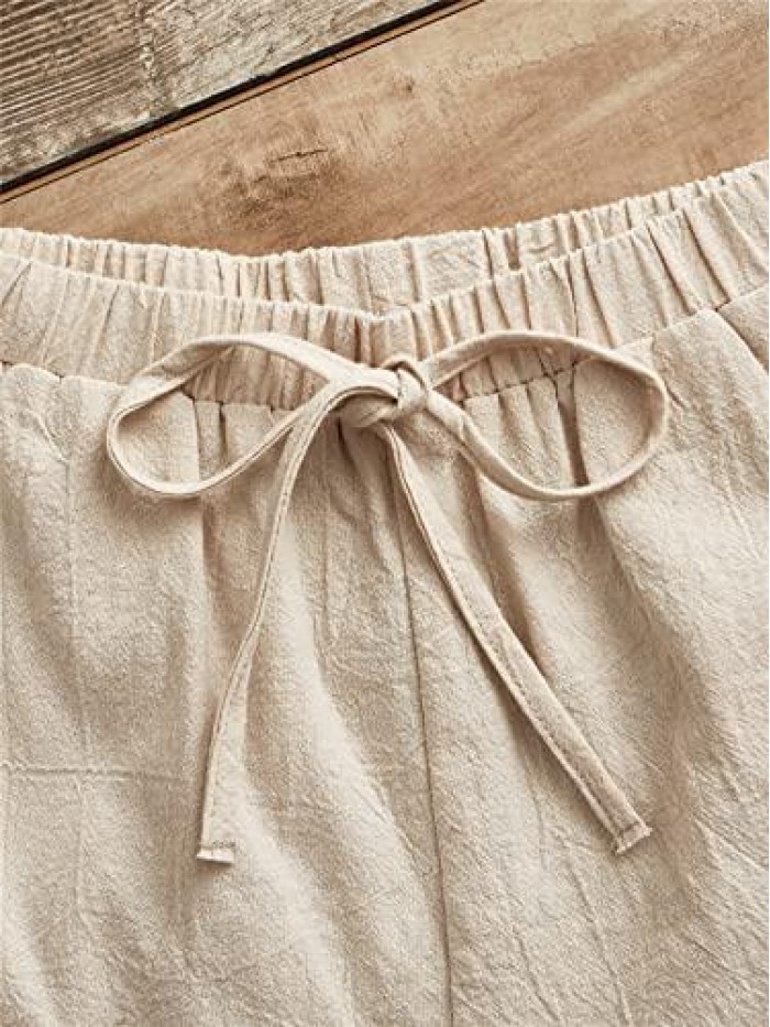 Women's Casual Knot Front Tie Self Elastic Waisted Cotton Solid Shorts 