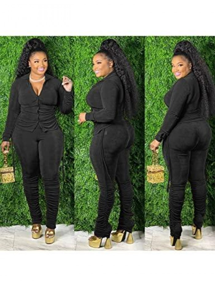 Sweatsuits for Women Set 2 Piece Tracksuit Velvet Ruched Long Sleeve Shirts and Jogging Pants Outfits 