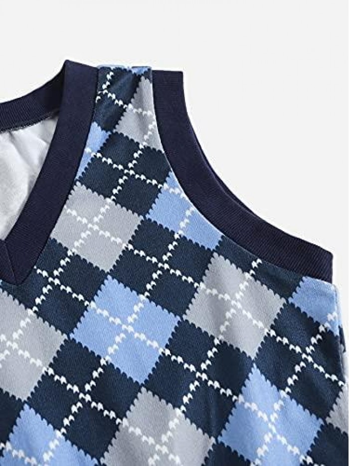 Women's V Neck Knit Sweater Vest Preppy Style Argyle Plaid Sweater Tank 