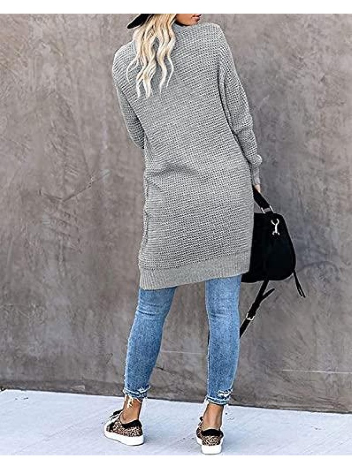 Women's Long Sleeve Open Front Cardigan Sweater Lightweight Waffle Knit Loose Draped Outerwear Coat with Pockets 