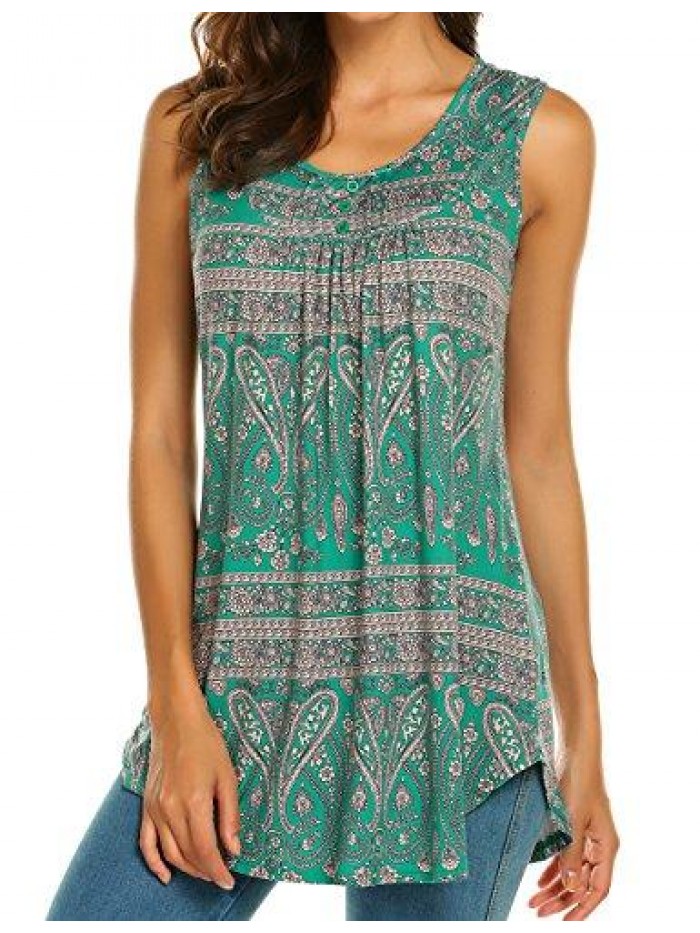 Women's Paisley Printed Pleated Sleeveless Blouse Shirt Casual Flare Tunic Tank Top 