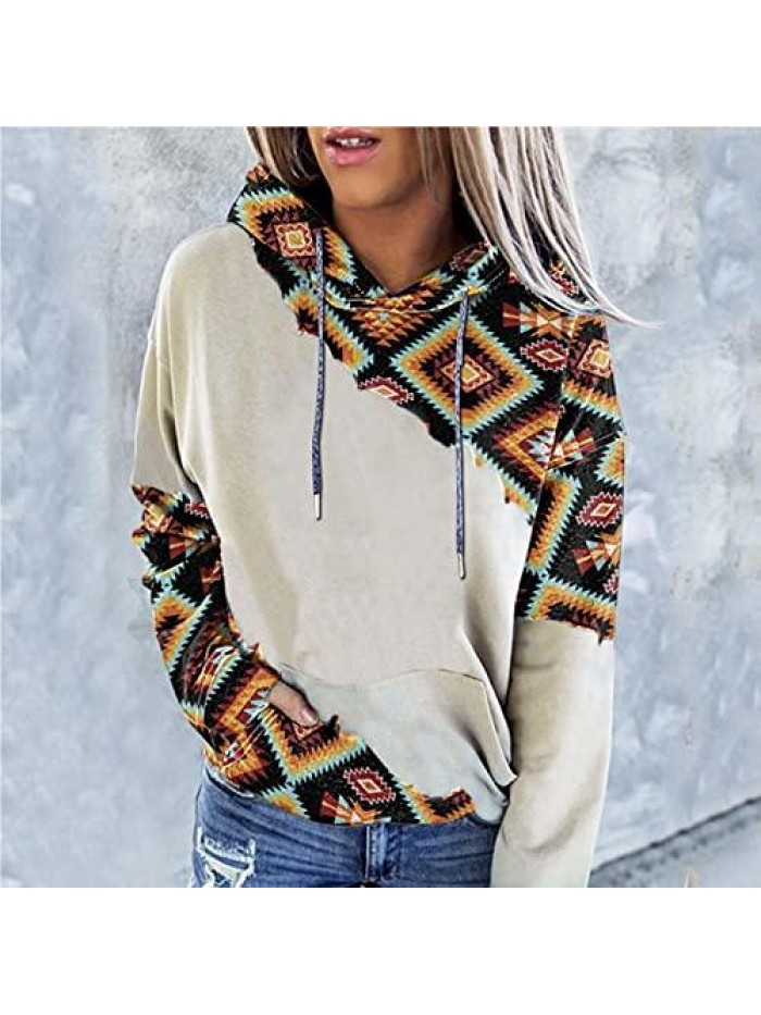 for Women, Women's Western Ethnic Print Sweatshirt Long Sleeve Aztec Print Vintage Hooded Sweater Pullover Shirt 