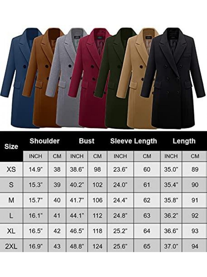 Women's Notched Lapel Wool Coat Double Breasted Long Trench Jacket Winter Pea Coat with Cashmere Scarf 