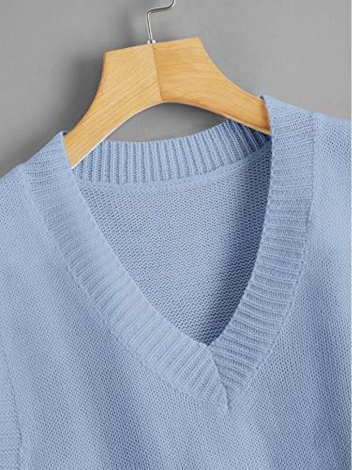 Women's Knit Sweater Vest Women Crop Y2K Sweater Vests V Neck Sleeveless JK Uniform Pullover Knitwear Tops 