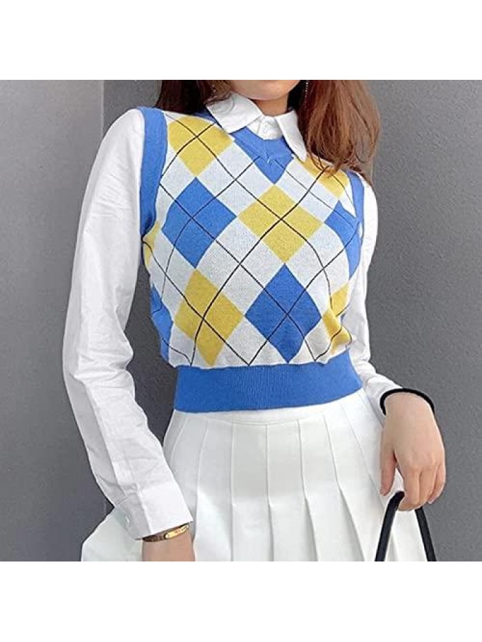 Argyle V Neck Sweater Vest Women - Plaid Pattern & Sleeveless Knit - Crop Top Y2K Streetwear Preppy for Girl 