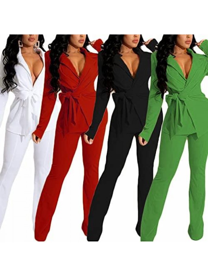 2 Piece Outfits for Women V Neck Blazer Jacket with Pants Belted Solid Casual Business Suit Sets 