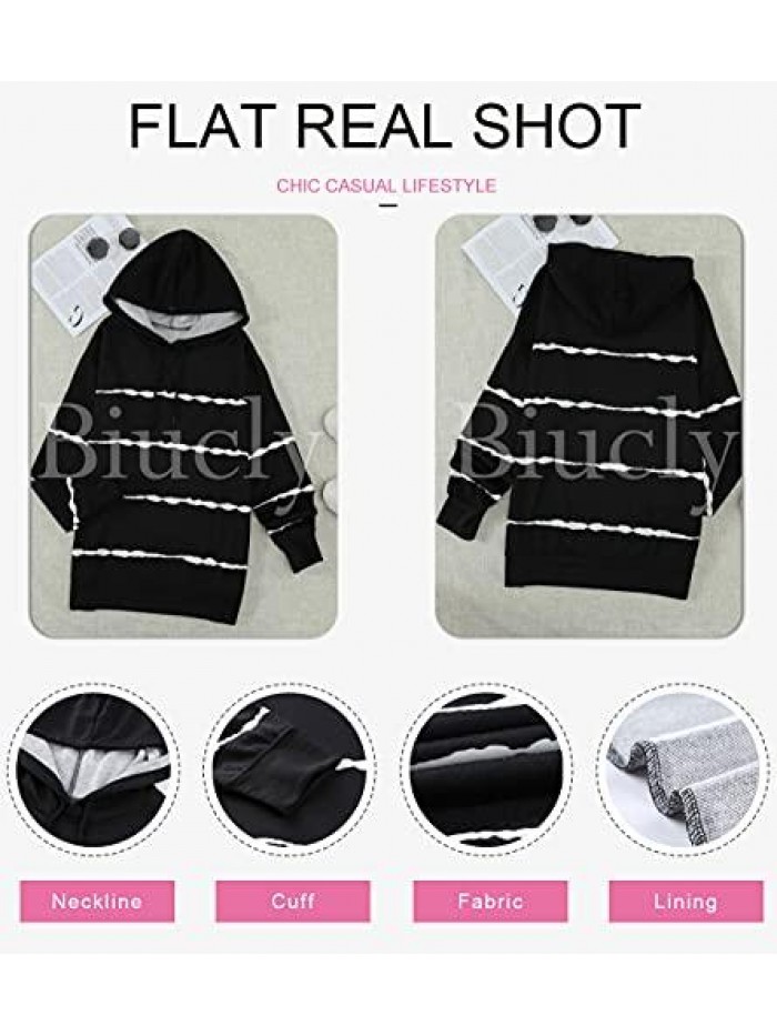 Womens Casual Hoodie Striped Printed Sweatshirts Long Sleeve Drawstring Pullover Tops Shirts 