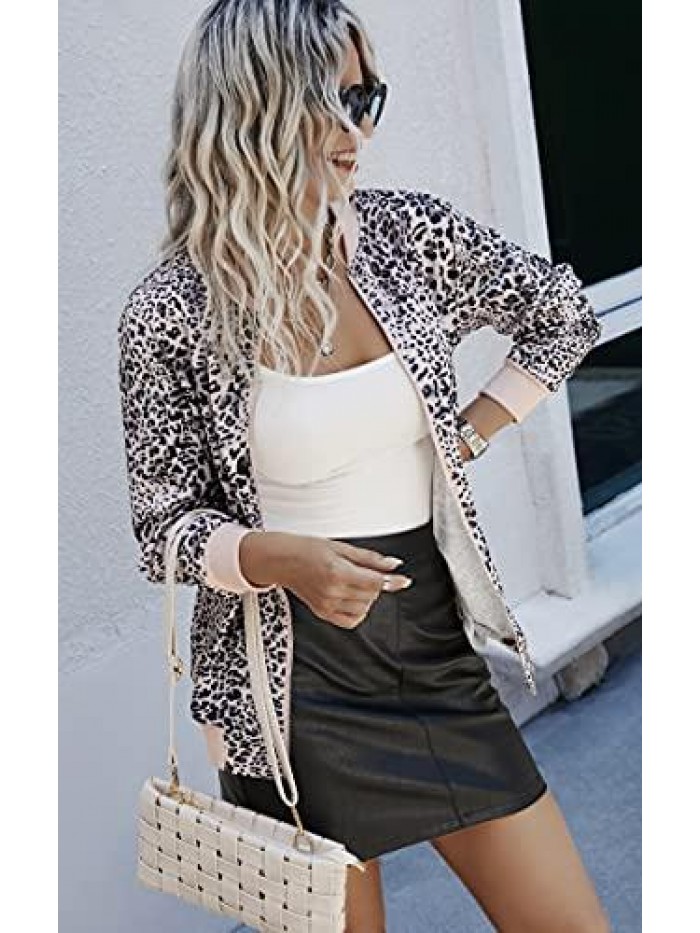 Womens Jackets Lightweight Zip Up Casual Inspired Bomber Jacket Leopard Coat Stand Collar Short Outwear Tops 